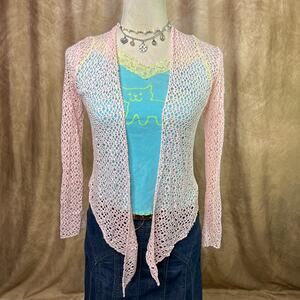 Vintage Y2K Net Cardigan Cut Out Open Front Pink Long Sleeve Euro Nautical Boho